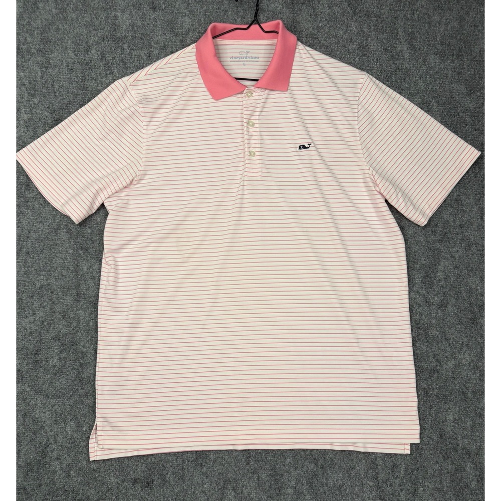 Vineyard Vines Mens Large Pink White Striped Performance Polo Shirt Short Sleeve